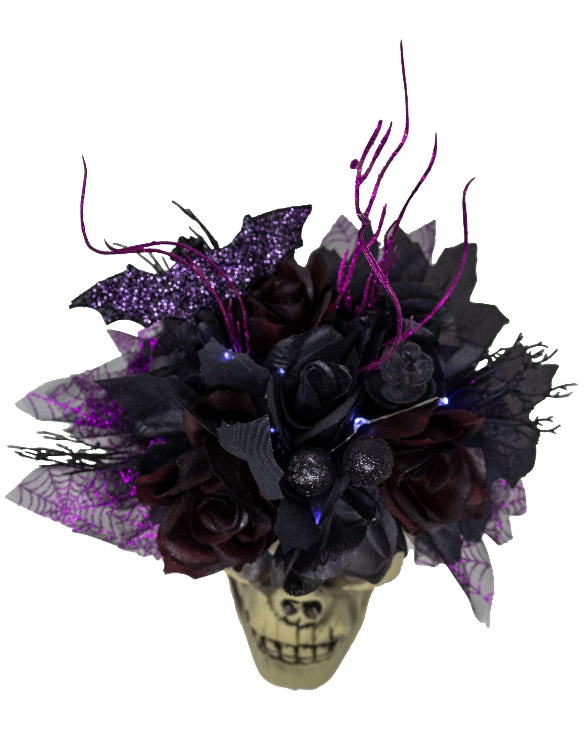Boo-tiful Black and Purple Halloween Skull Bouquet With Fairy Lights