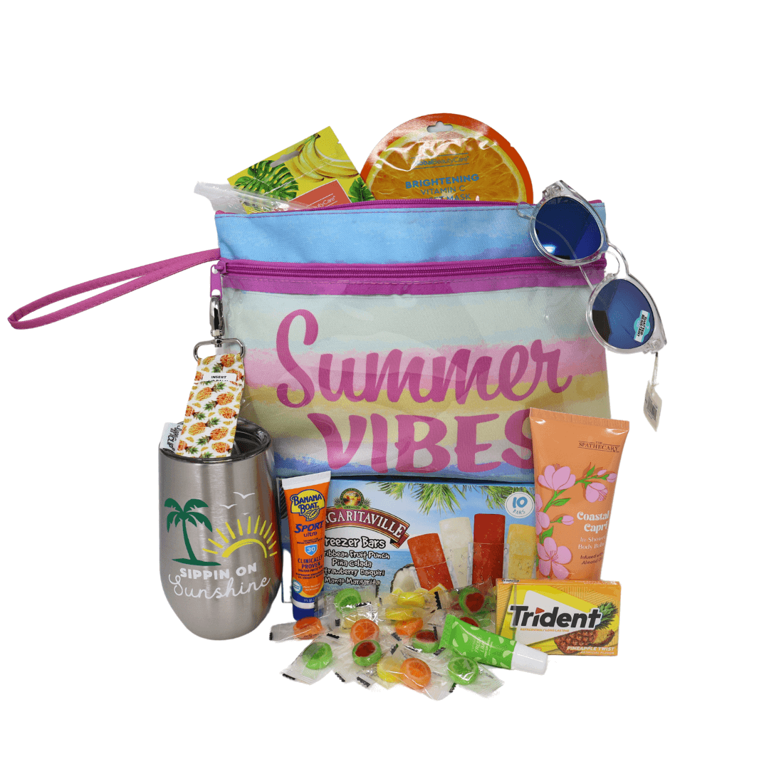 Summer Essentials Travel Beach Zipper Pouch filled with snacks, sunscreen, tumbler, sunglasses, and self-care items