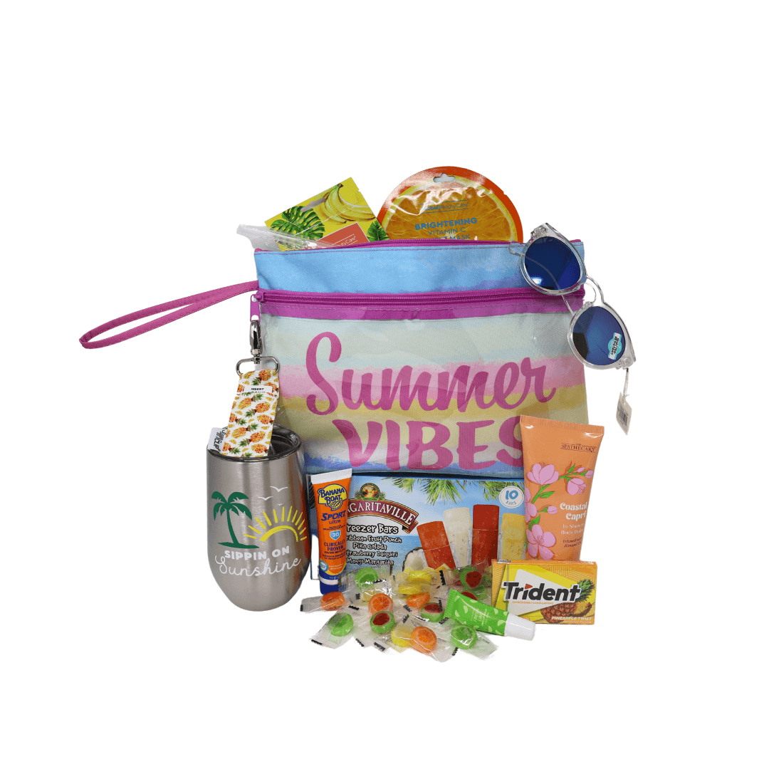 Summer Essentials Travel Beach Zipper Pouch filled with snacks, sunscreen, tumbler, sunglasses, and self-care items