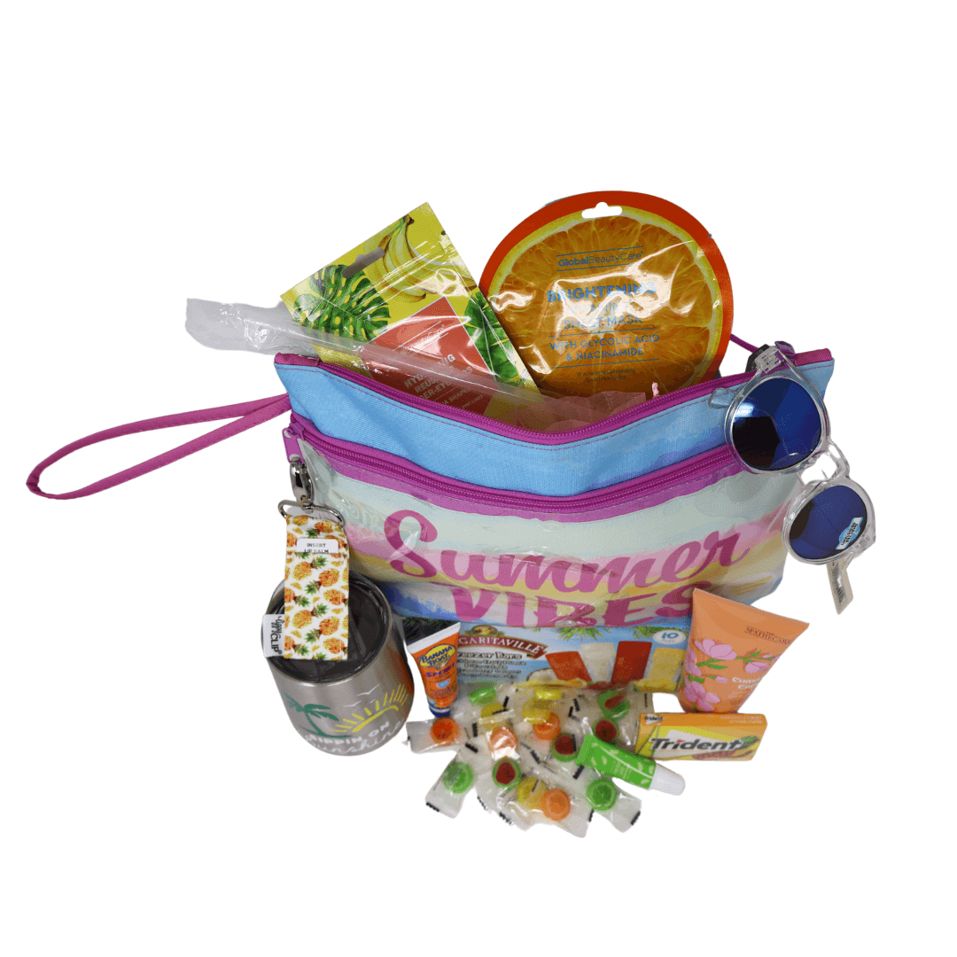 Summer Essentials Travel Beach Zipper Pouch filled with snacks, sunscreen, tumbler, sunglasses, and self-care items