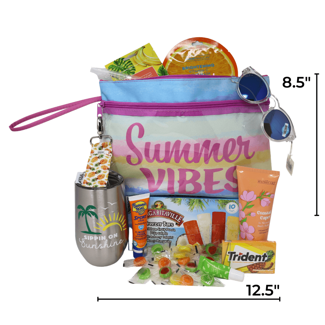 Summer Essentials Travel Beach Zipper Pouch filled with snacks, sunscreen, tumbler, sunglasses, and self-care items
