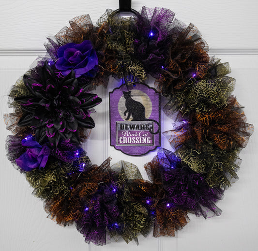 Black Cat Wicked Halloween Wreath With Fairy Lights