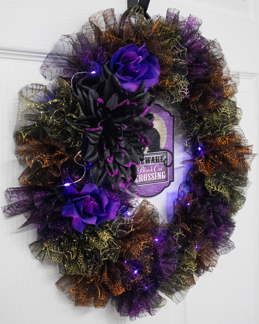 Black Cat Wicked Halloween Wreath With Fairy Lights