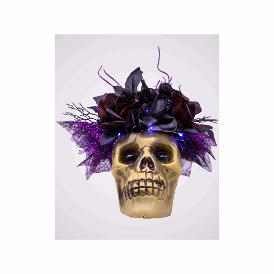 Boo-tiful Black and Purple Halloween Skull Bouquet With Fairy Lights