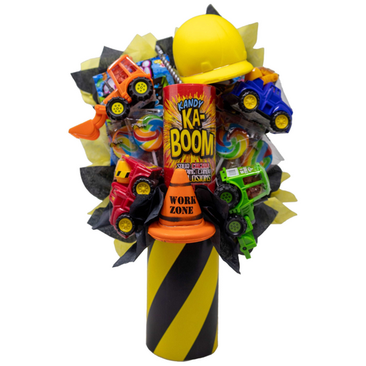 Fun Kid Construction Gift Candy Bouquet Arranged with Toys, Gummies and Candy