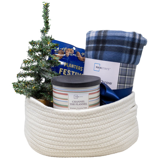 At Home Cozy Gift Basket with Plaid Blanket, candle, and planters cashews snacks