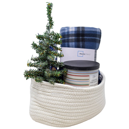 At Home Cozy Gift Basket with Plaid Blanket, candle, and planters cashews snacks