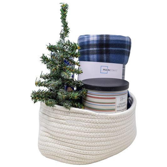 At Home Cozy Gift Basket with Plaid Blanket, candle, and planters cashews snacks