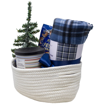 At Home Cozy Gift Basket with Plaid Blanket, candle, and planters cashews snacks