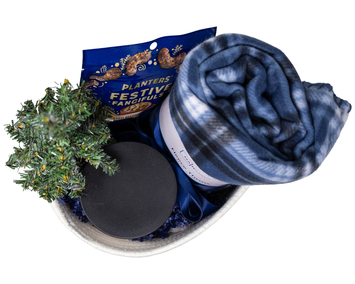At Home Cozy Gift Basket with Plaid Blanket, candle, and planters cashews snacks