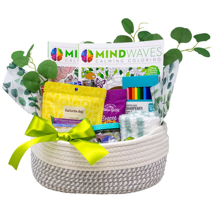Calm Evening In Gift Basket with Coloring Books and Treats