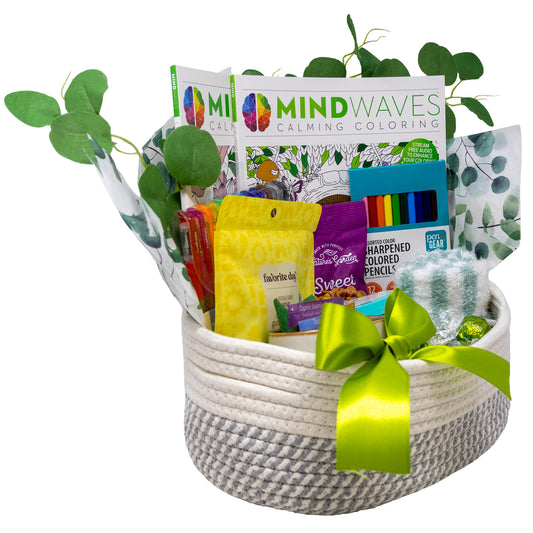 Calm Evening In Gift Basket with Coloring Books and Treats