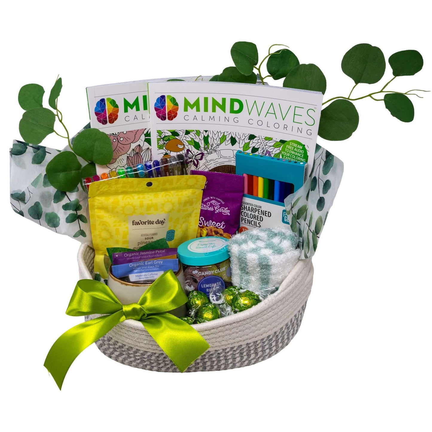 Calm Evening In Gift Basket with Coloring Books and Treats