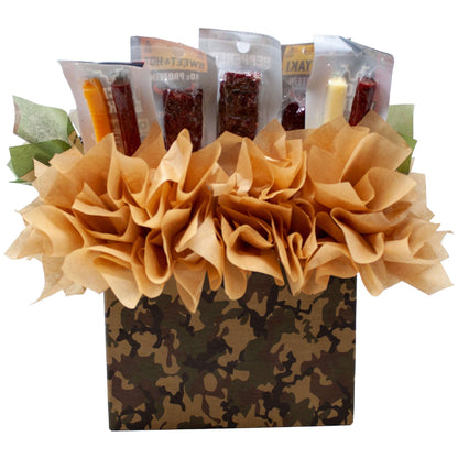 Fun Sportsman Gift with assorted Jerky, Nuts and Energy Shots Arranged in a Camo Gift Box