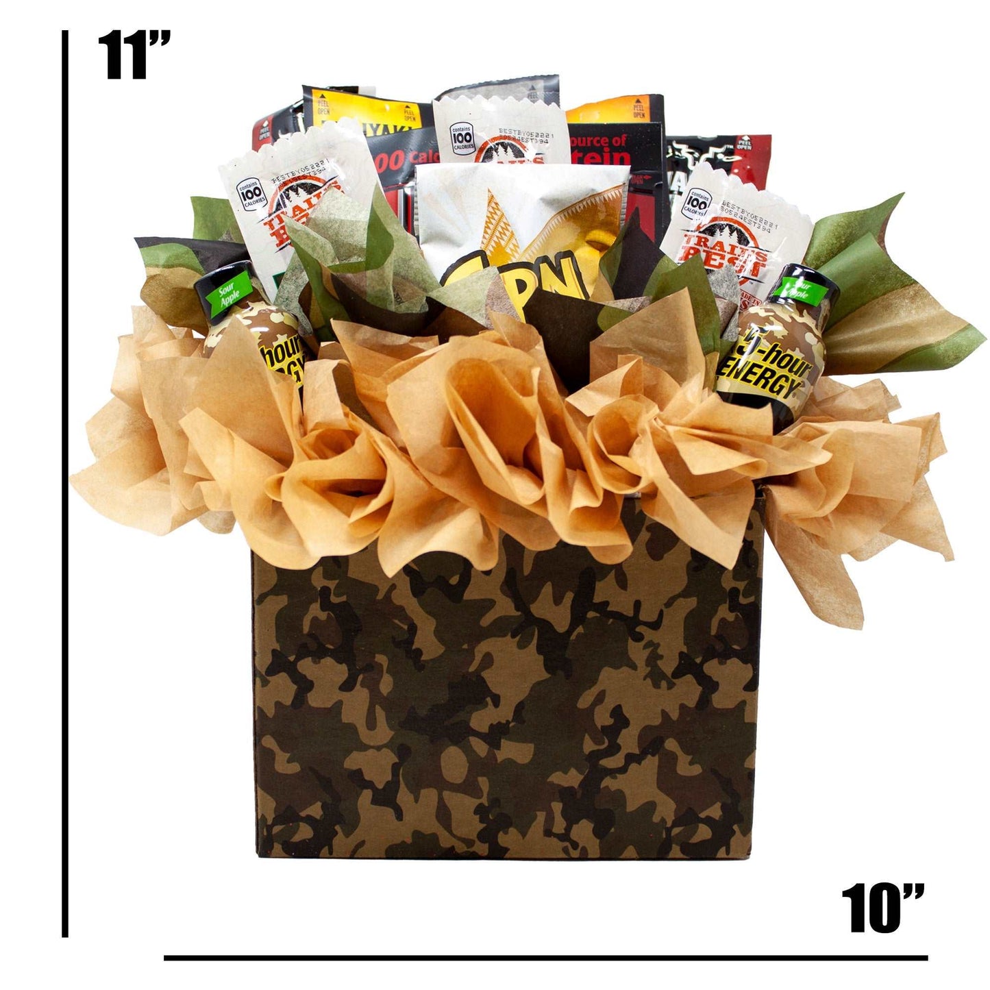 Fun Sportsman Gift with assorted Jerky, Nuts and Energy Shots Arranged in a Camo Gift Box