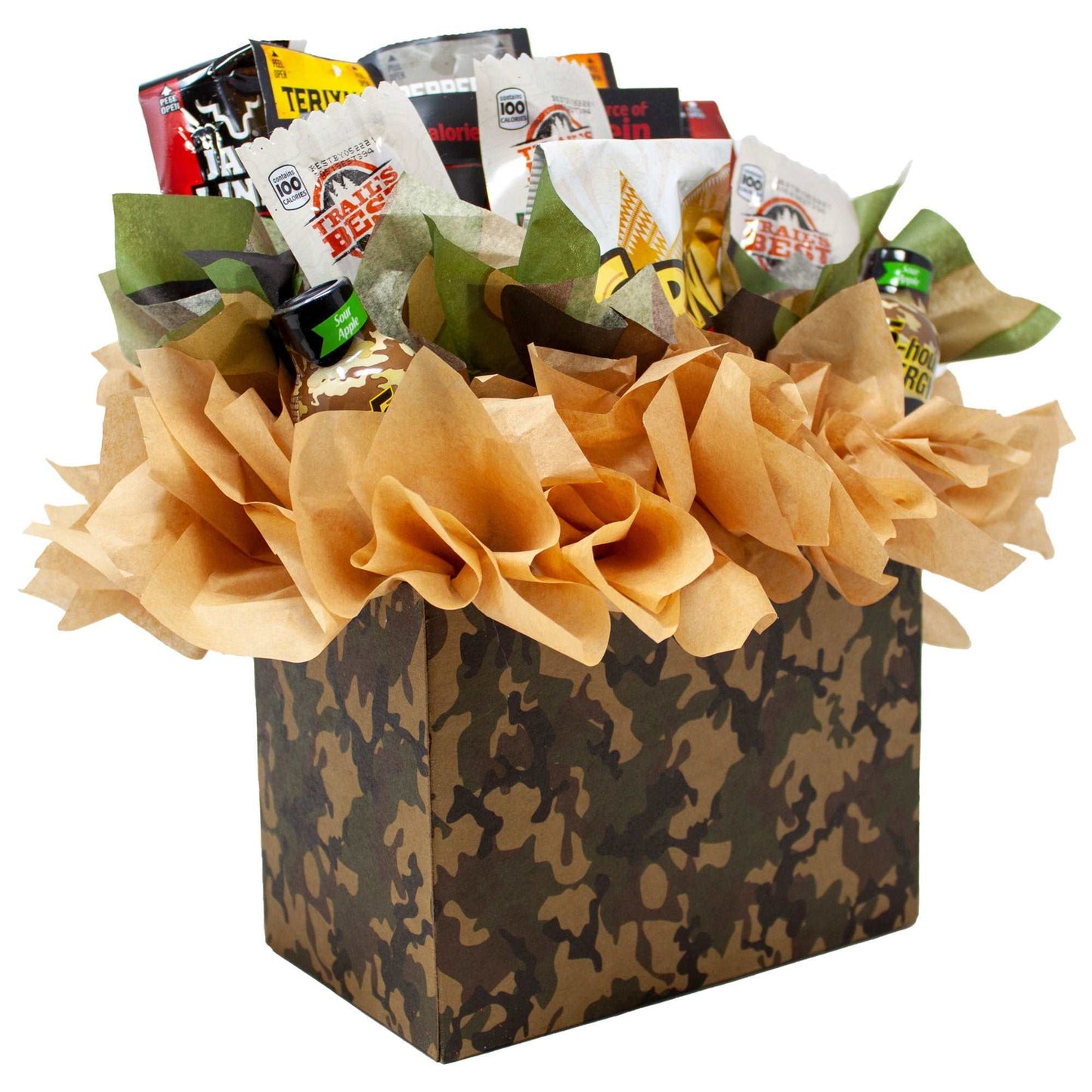 Fun Sportsman Gift with assorted Jerky, Nuts and Energy Shots Arranged in a Camo Gift Box