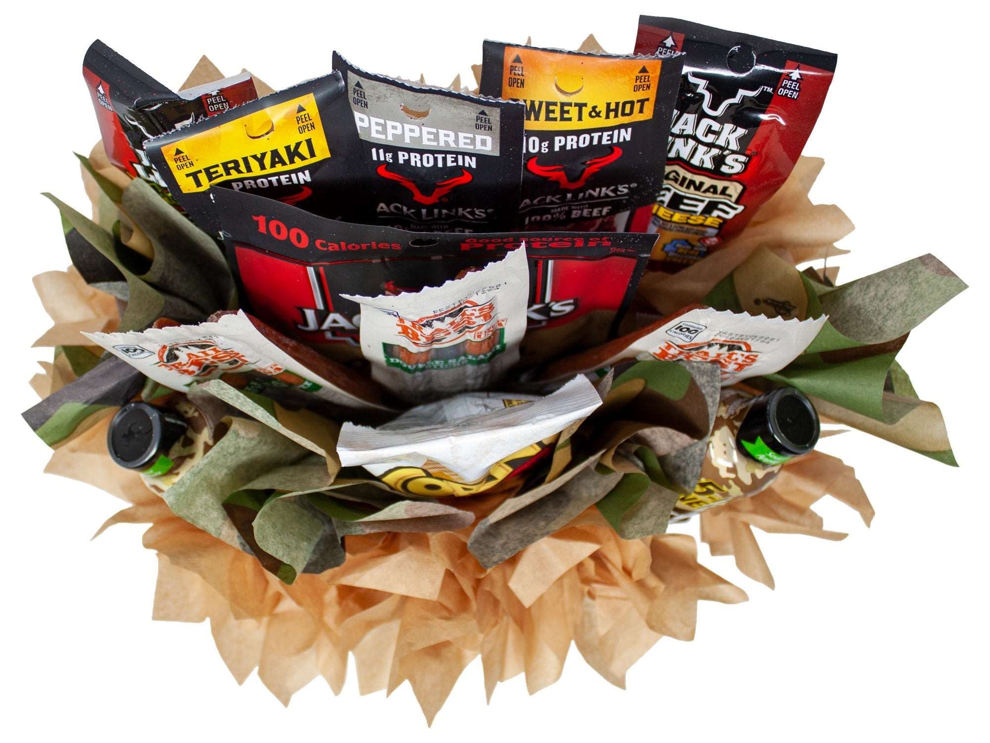 Fun Sportsman Gift with assorted Jerky, Nuts and Energy Shots Arranged in a Camo Gift Box