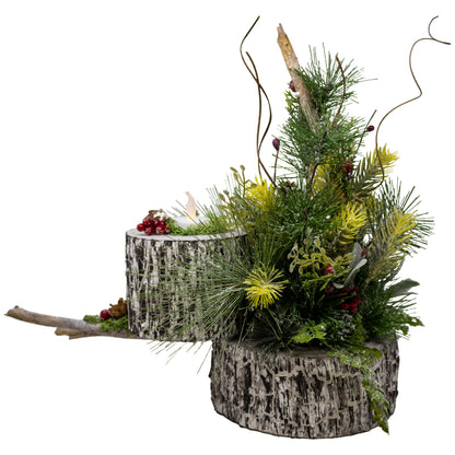 Winter Birch Evergreen Foliage Centerpiece with Flameless Tea Light Candle