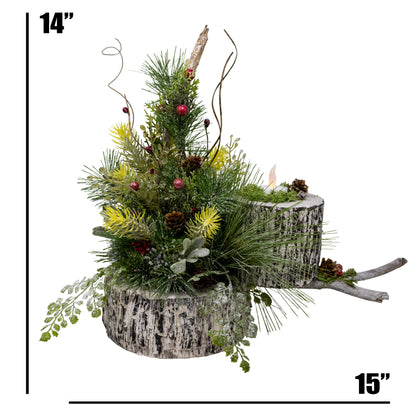 Winter Birch Evergreen Foliage Centerpiece with Flameless Tea Light Candle