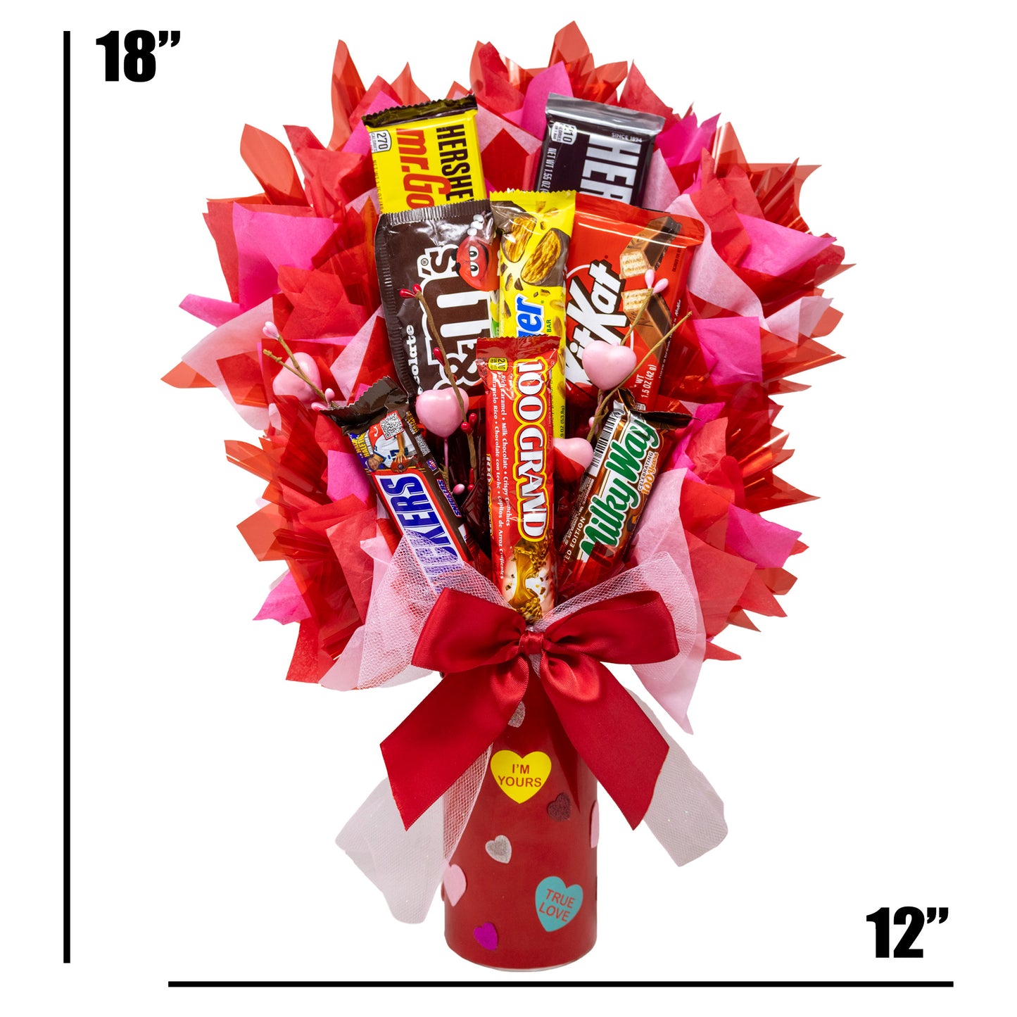 Conversation Hearts Themed Candy Bar Bouquet with dimensions