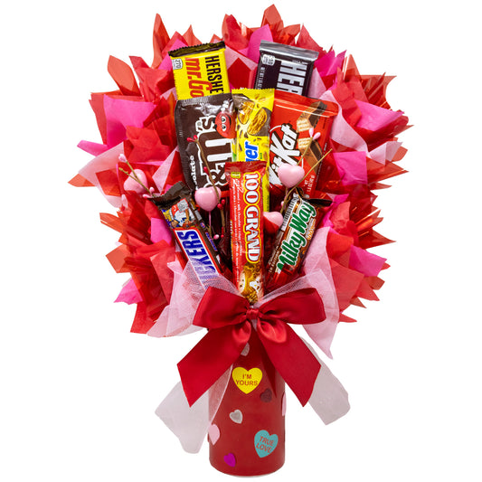 Conversation Hearts Themed Candy Bar Bouquet front view