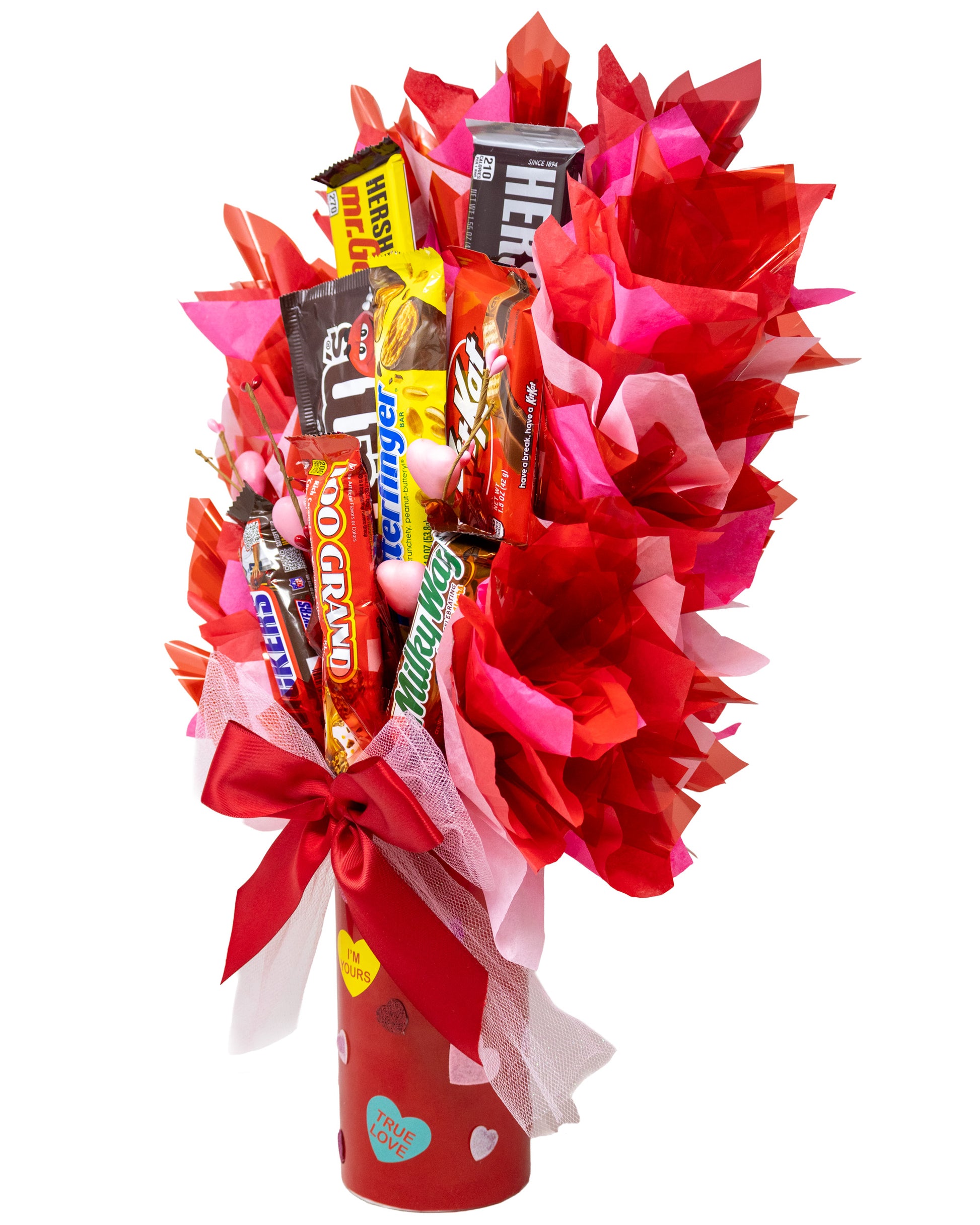 Conversation Hearts Themed Candy Bar Bouquet side view