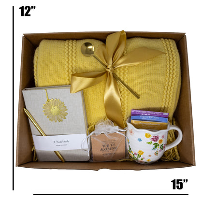 Cozy Gift Box With Yellow Knitted Blanket, Mug, Tea, Journal and Pen Set