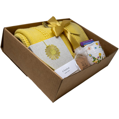 Cozy Gift Box With Yellow Knitted Blanket, Mug, Tea, Journal and Pen Set