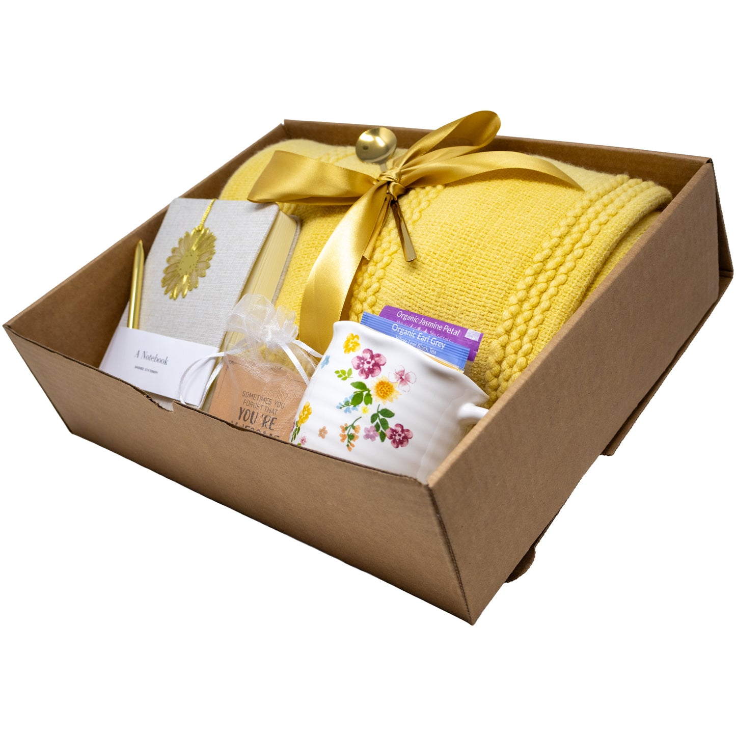 Cozy Gift Box With Yellow Knitted Blanket, Mug, Tea, Journal and Pen Set