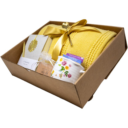Cozy Gift Box With Yellow Knitted Blanket, Mug, Tea, Journal and Pen Set