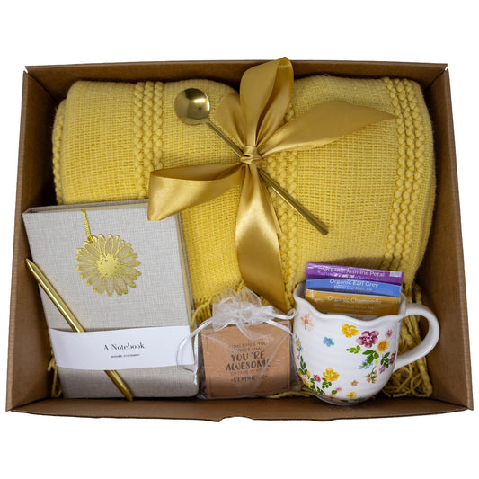 Cozy Gift Box With Yellow Knitted Blanket, Mug, Tea, Journal and Pen Set