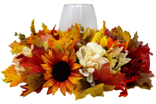 Fall Floral Round Centerpiece Wreath With Hurricane Glass Candle Holder