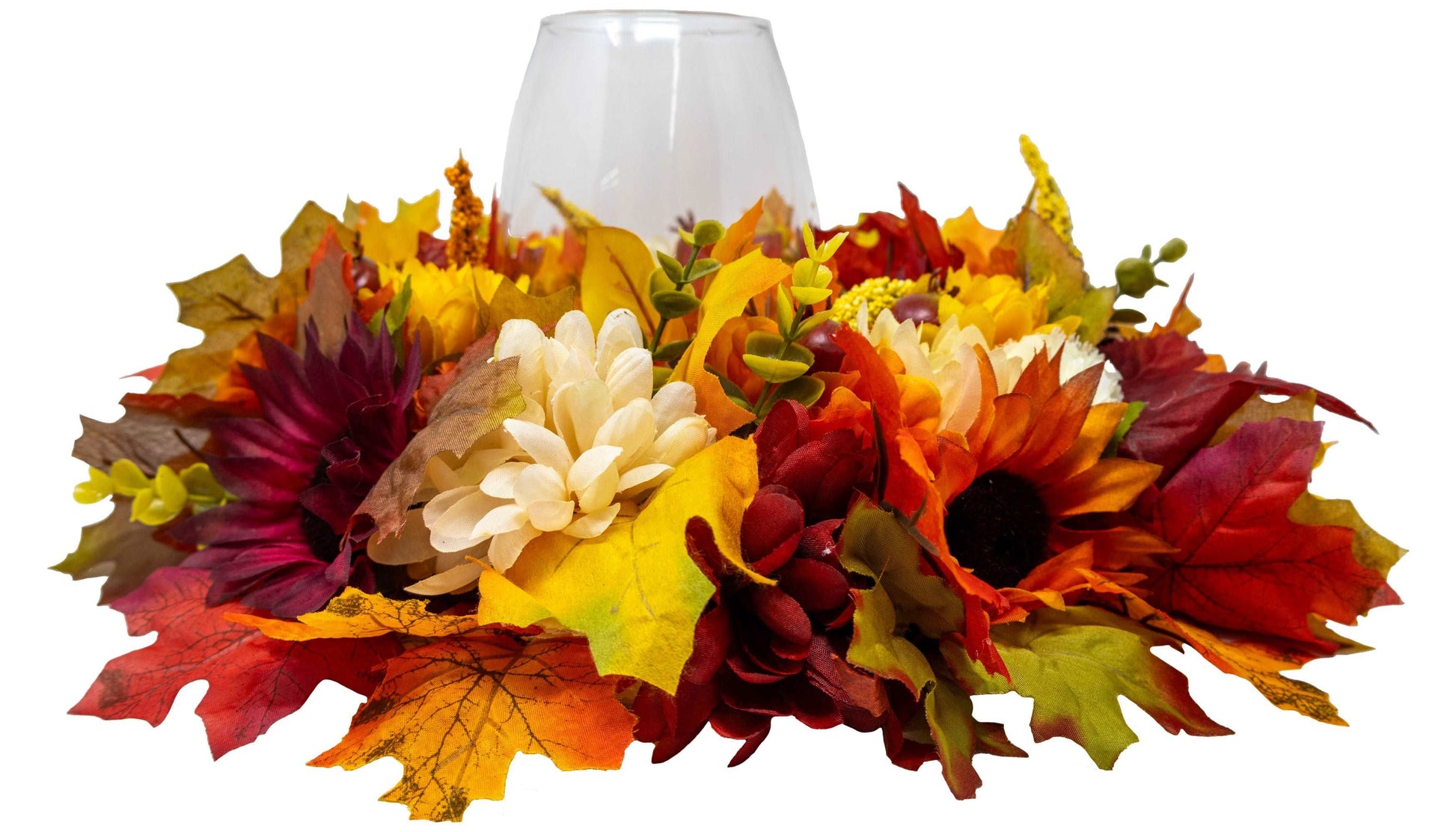 Fall Floral Round Centerpiece Wreath With Hurricane Glass Candle Holder