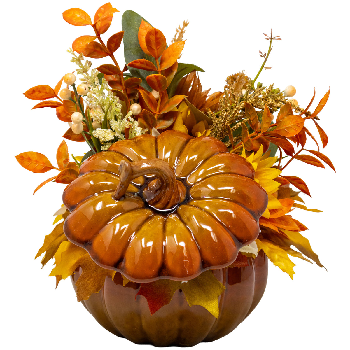 Fall Floral Arrangement In Ceramic Pumpkin Planter with Lid