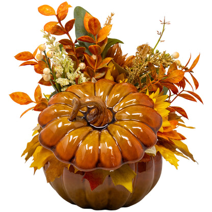 Fall Floral Arrangement In Ceramic Pumpkin Planter with Lid