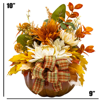 Fall Floral Arrangement In Ceramic Pumpkin Planter with Lid
