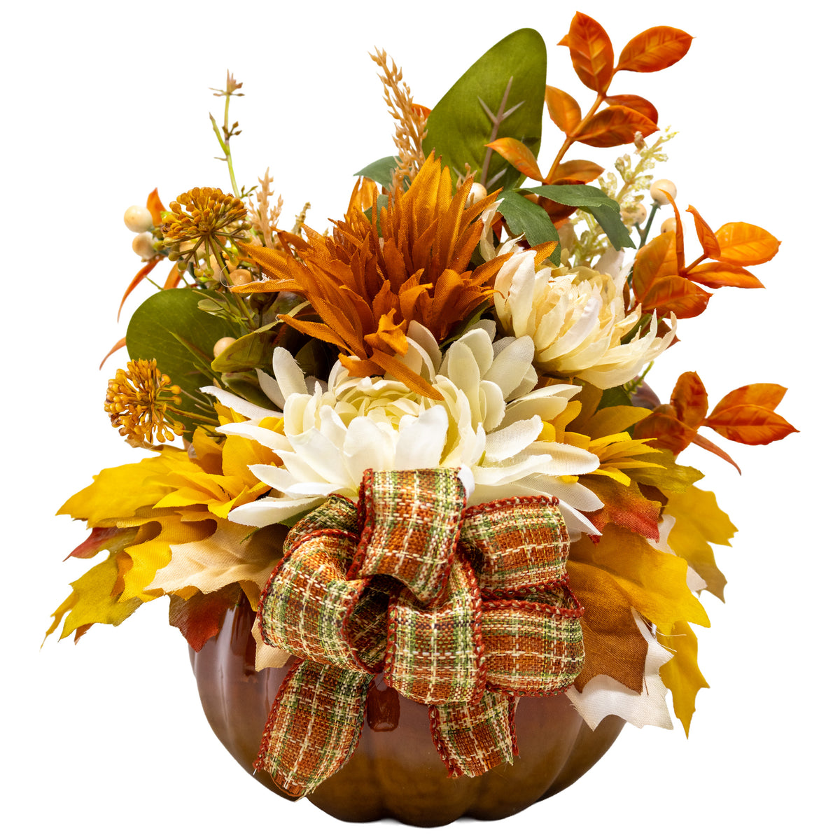 Fall Floral Arrangement In Ceramic Pumpkin Planter with Lid