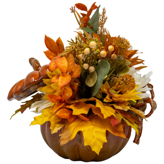 Fall Floral Arrangement In Ceramic Pumpkin Planter with Lid