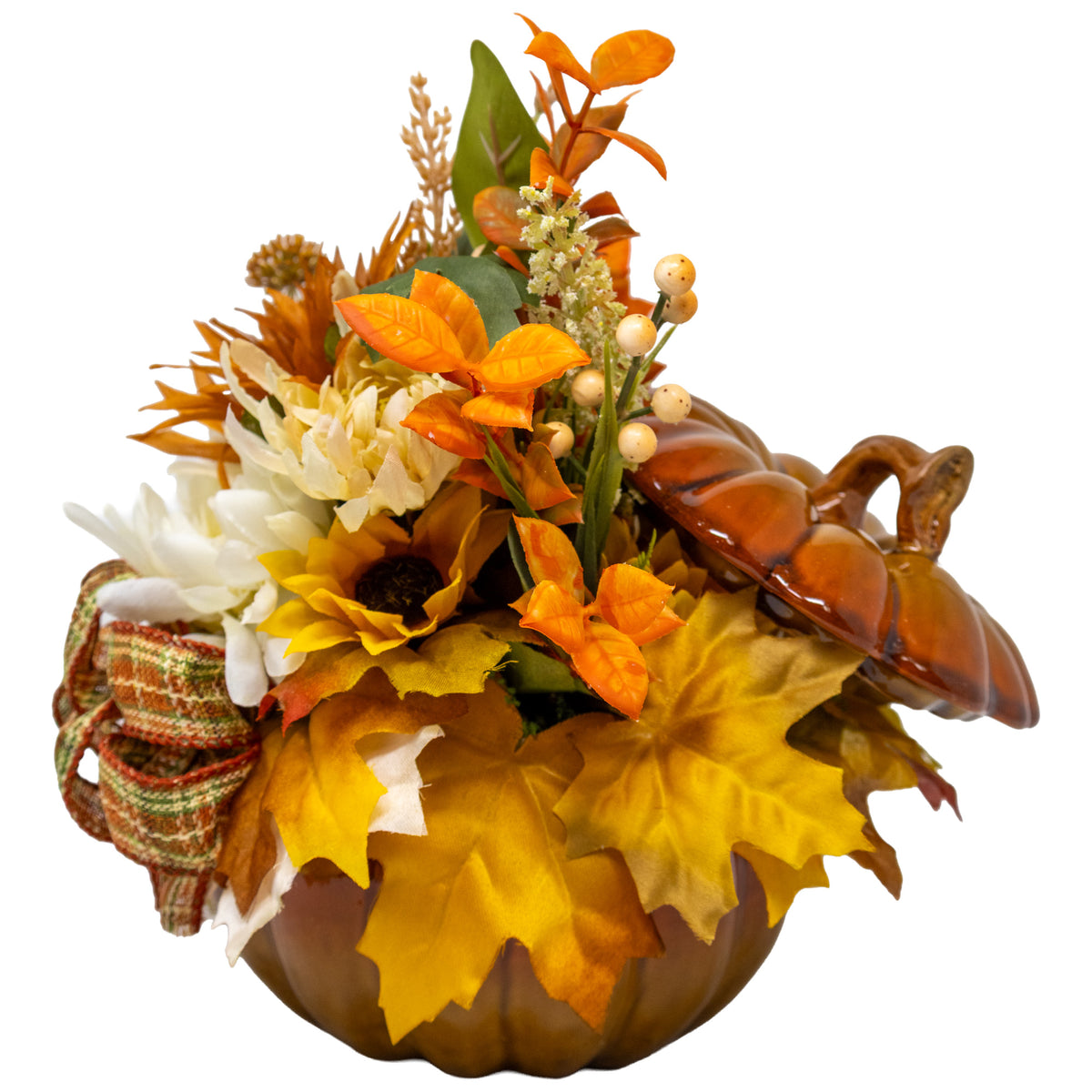 Fall Floral Arrangement In Ceramic Pumpkin Planter with Lid