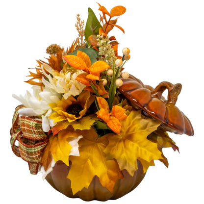 Fall Floral Arrangement In Ceramic Pumpkin Planter with Lid