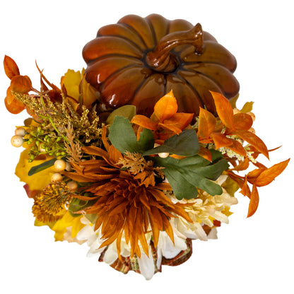 Fall Floral Arrangement In Ceramic Pumpkin Planter with Lid