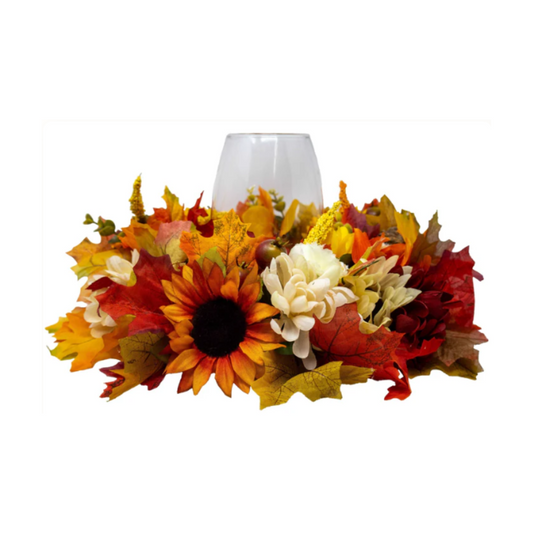Fall Floral Round Centerpiece Wreath With Hurricane Glass Candle Holder