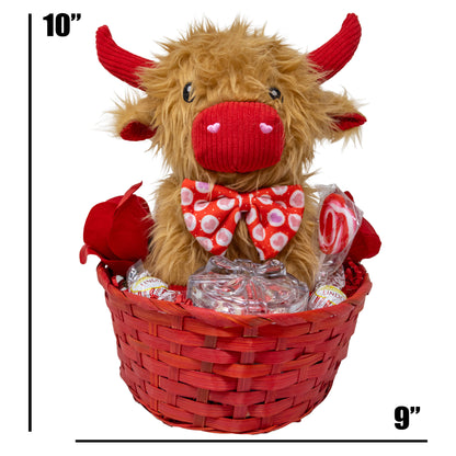 Highland Cow and Keepsake Jewelry Box Valentine Gift Basket with Chocolates
