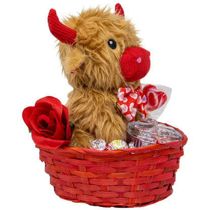 Highland Cow and Keepsake Jewelry Box Valentine Gift Basket with Chocolates