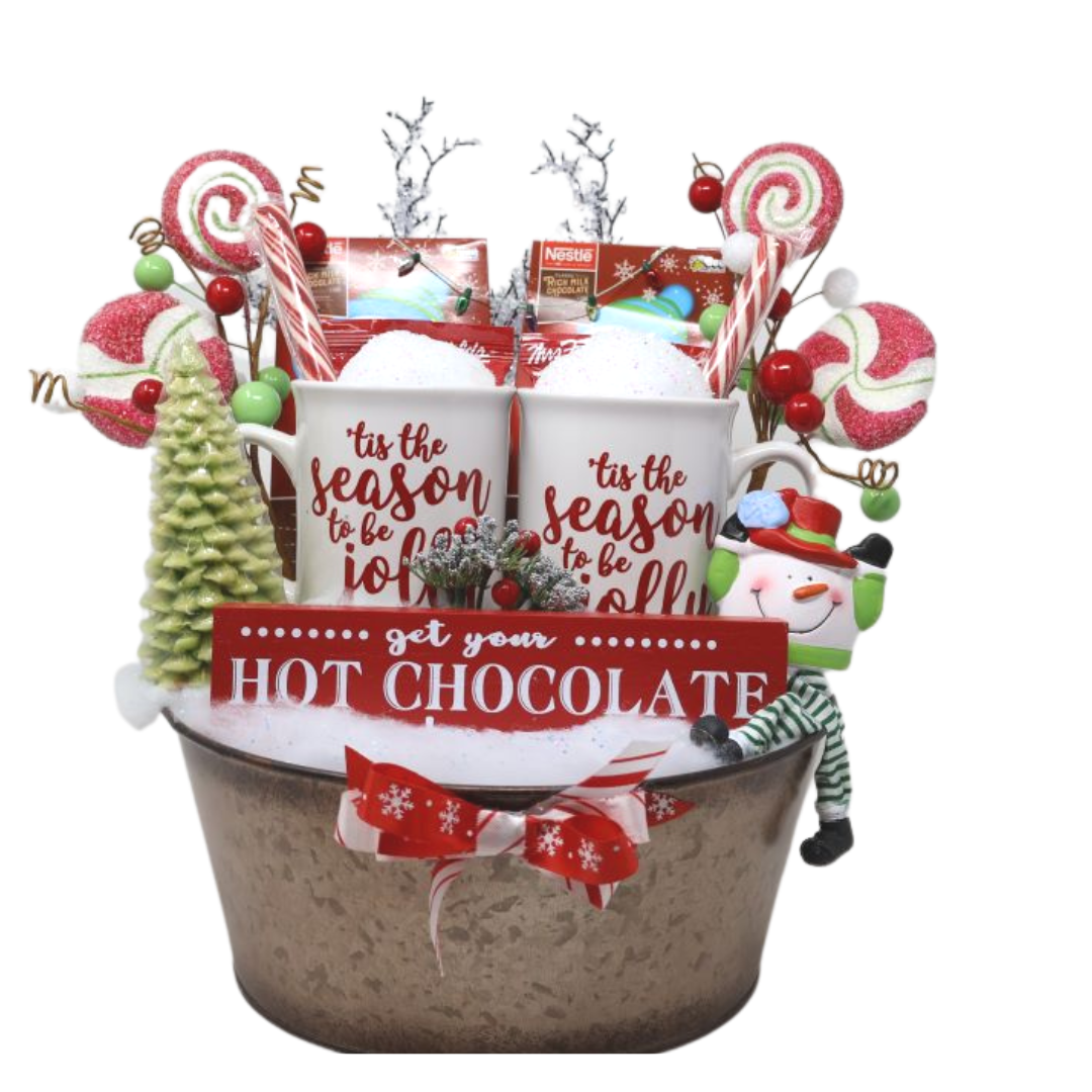 Snowman Hot Chocolate & Mug Set in Tin Basket