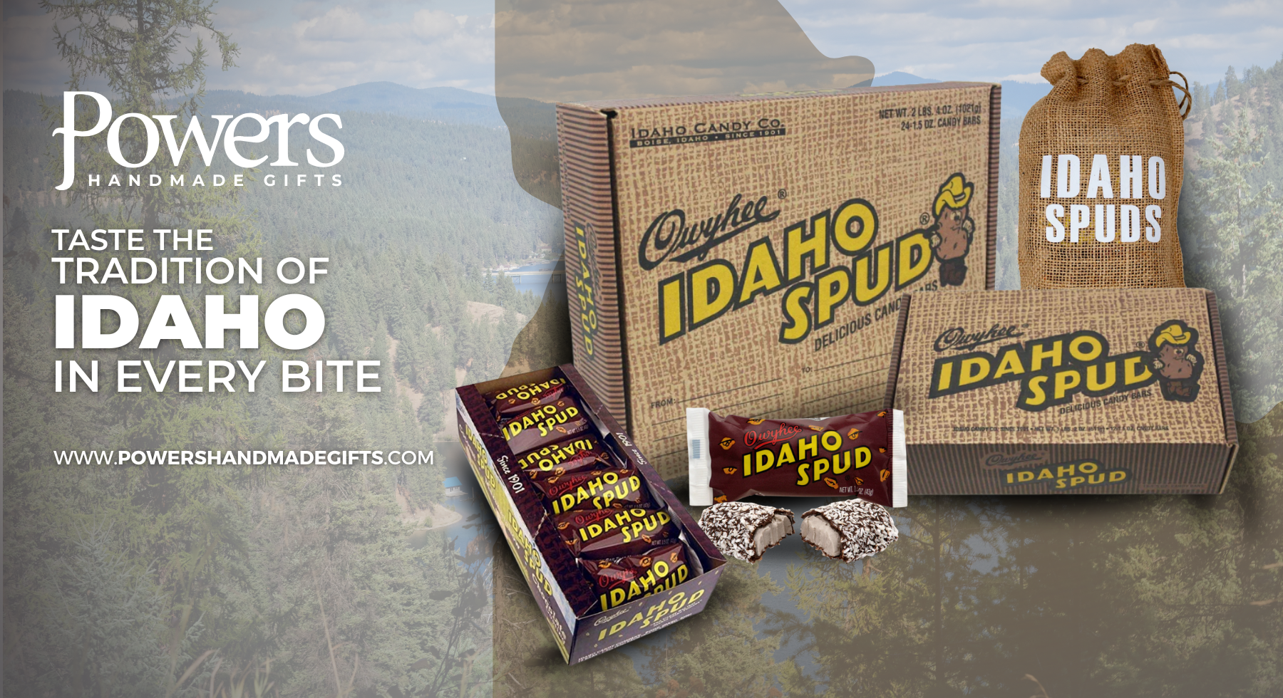 The popular Idaho Spud Bar is a wonderful combination of a light cocoa flavored, soft marshmallow center drenched with a dark chocolate coating and then sprinkled with coconut