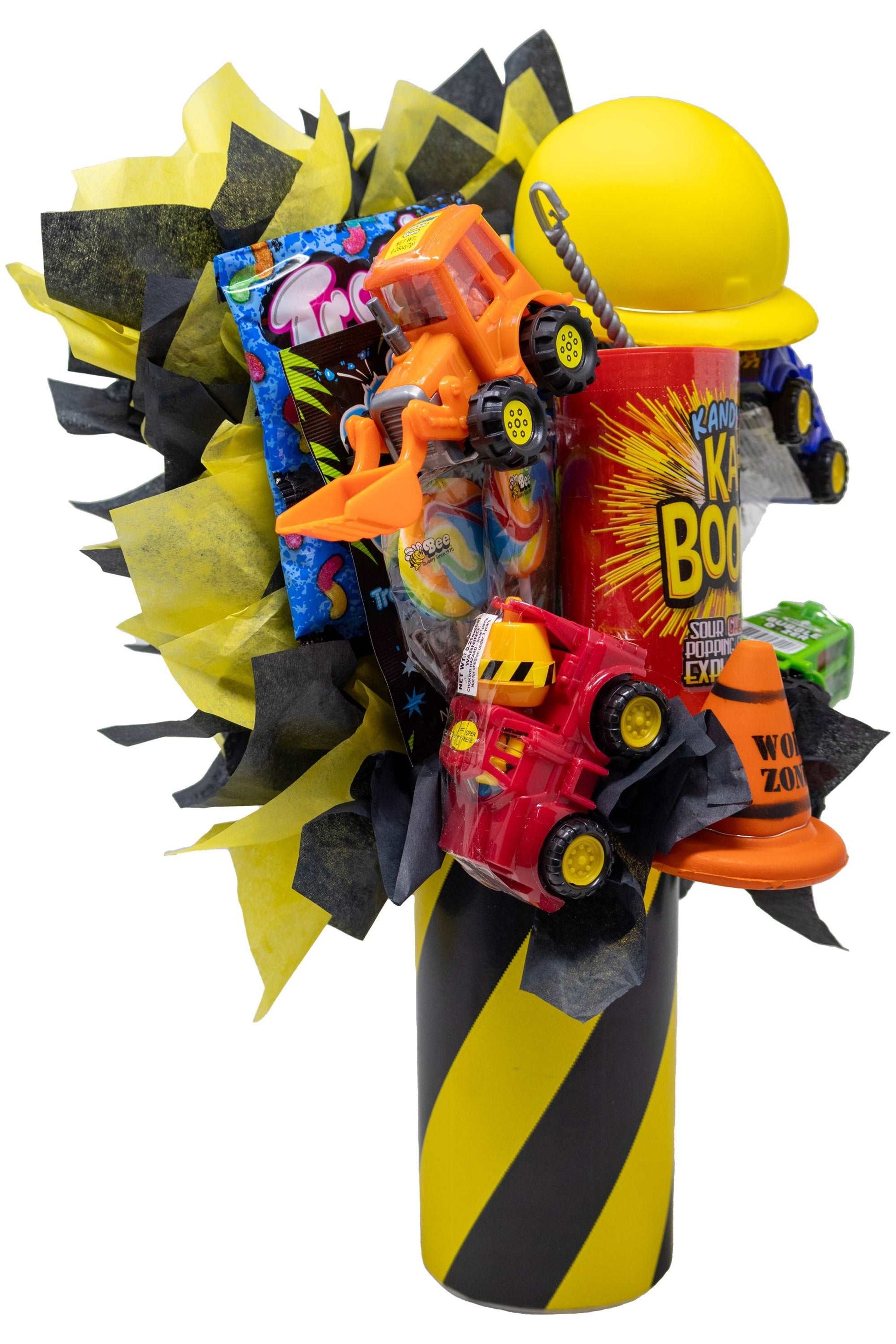 Fun Kid Construction Gift Candy Bouquet Arranged with Toys, Gummies and Candy