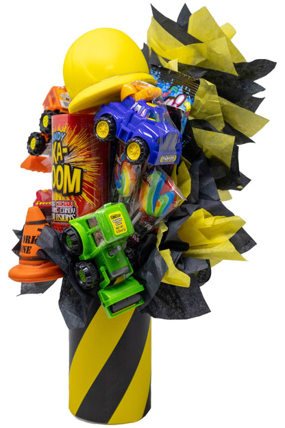 Fun Kid Construction Gift Candy Bouquet Arranged with Toys, Gummies and Candy