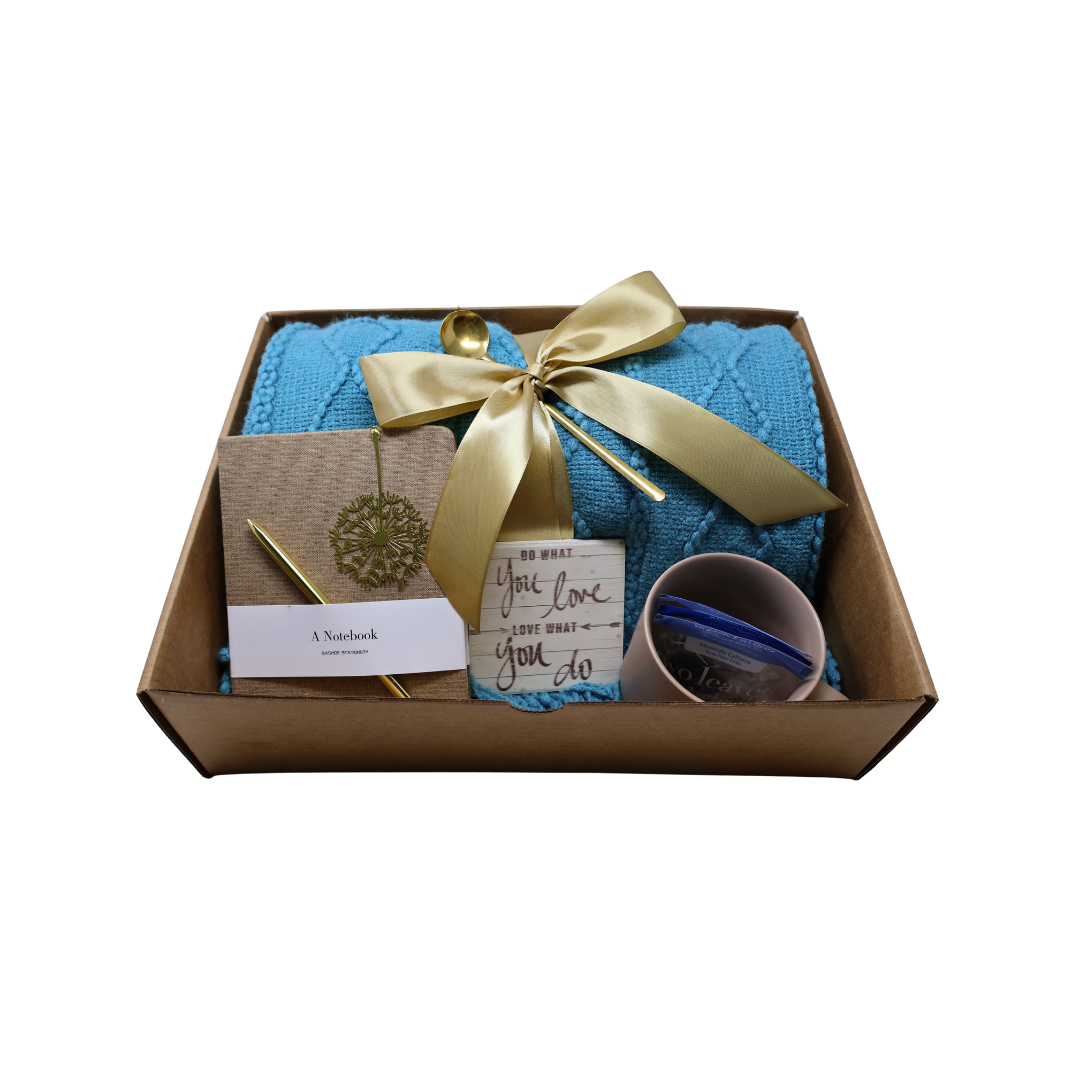 Cozy Blanket & Tea Gift Set Box with Teal and Brown Theme