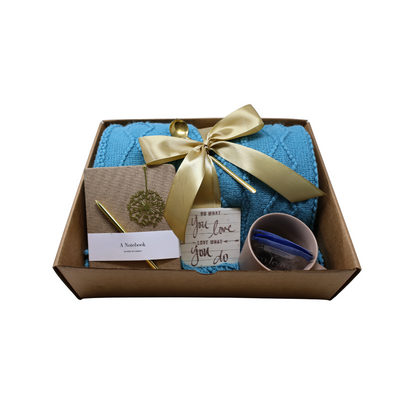 Cozy Blanket & Tea Gift Set Box with Teal and Brown Theme